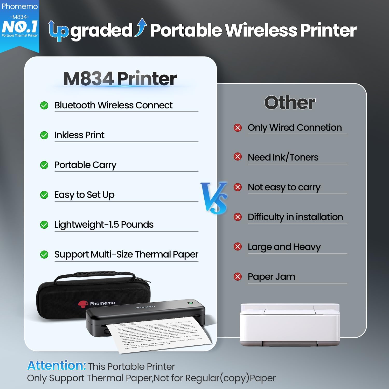 Phomemo M834 Portable Printer Kit, Bluetooth Thermal Printer Supports 8.5" x 11" US Letter Size, Inkless Wireless Printer for Phone & PC, for Business/Office/Home, 4 Roll Paper +Case