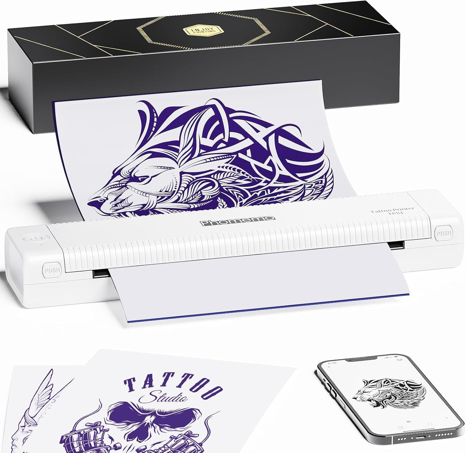 White Phomemo TP81 tattoo printer printing wolf design with stencil sheets & smartphone nearby
