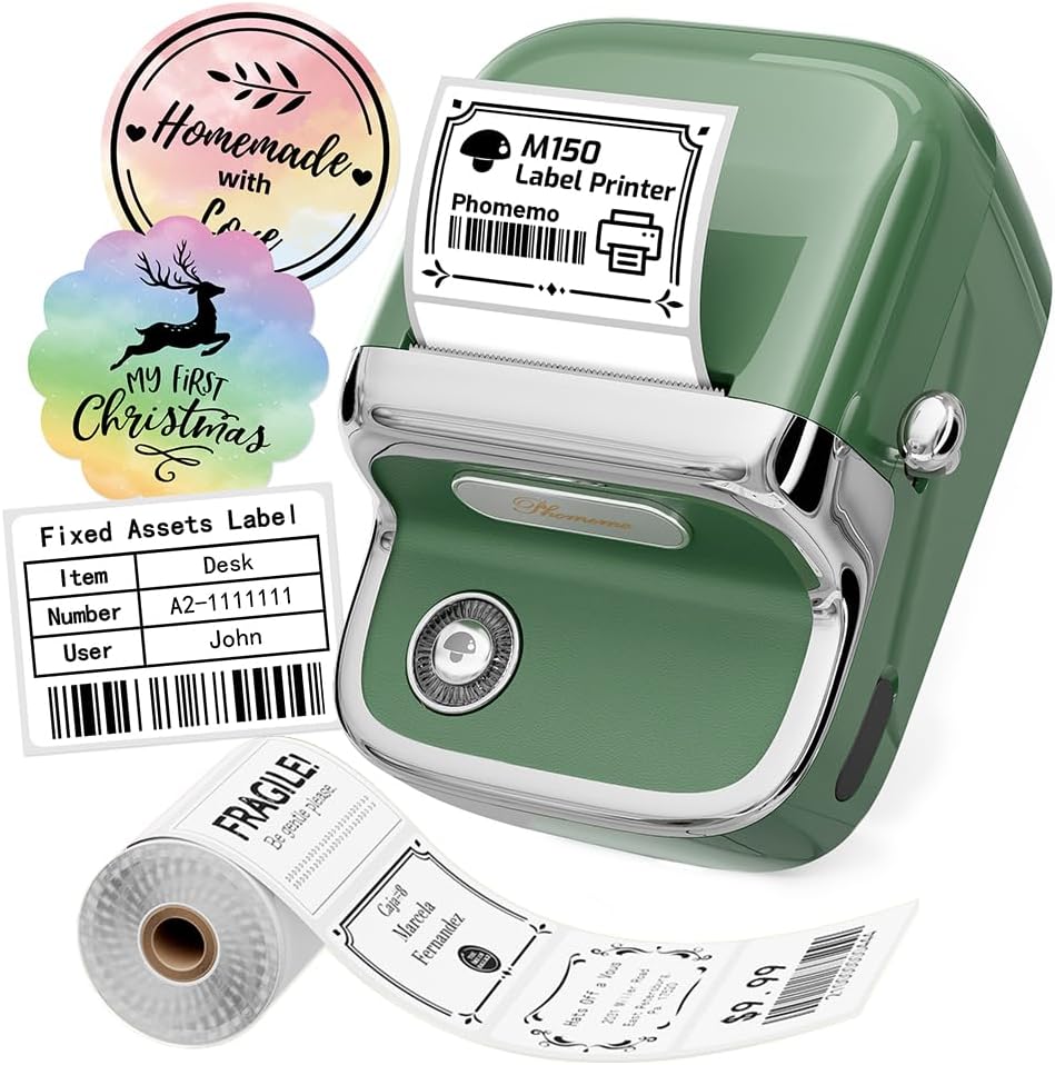 Phomemo M150 Label Maker, Upgraded Bluetooth Sticker Printer, 2 Inch Label Printer Compatible for Phone & PC, Thermal Printer for Small Business & Home Use, Barcode, Address,with 100 Labels