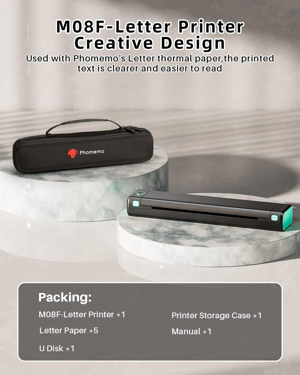 Phomemo M08F Portable Thermal Inkless Printer, Wireless Bluetooth Mobile Printer Supports 8.5" x 11" Thermal Paper, Compatible with Phone, Tablet & Laptop, with 1 Case