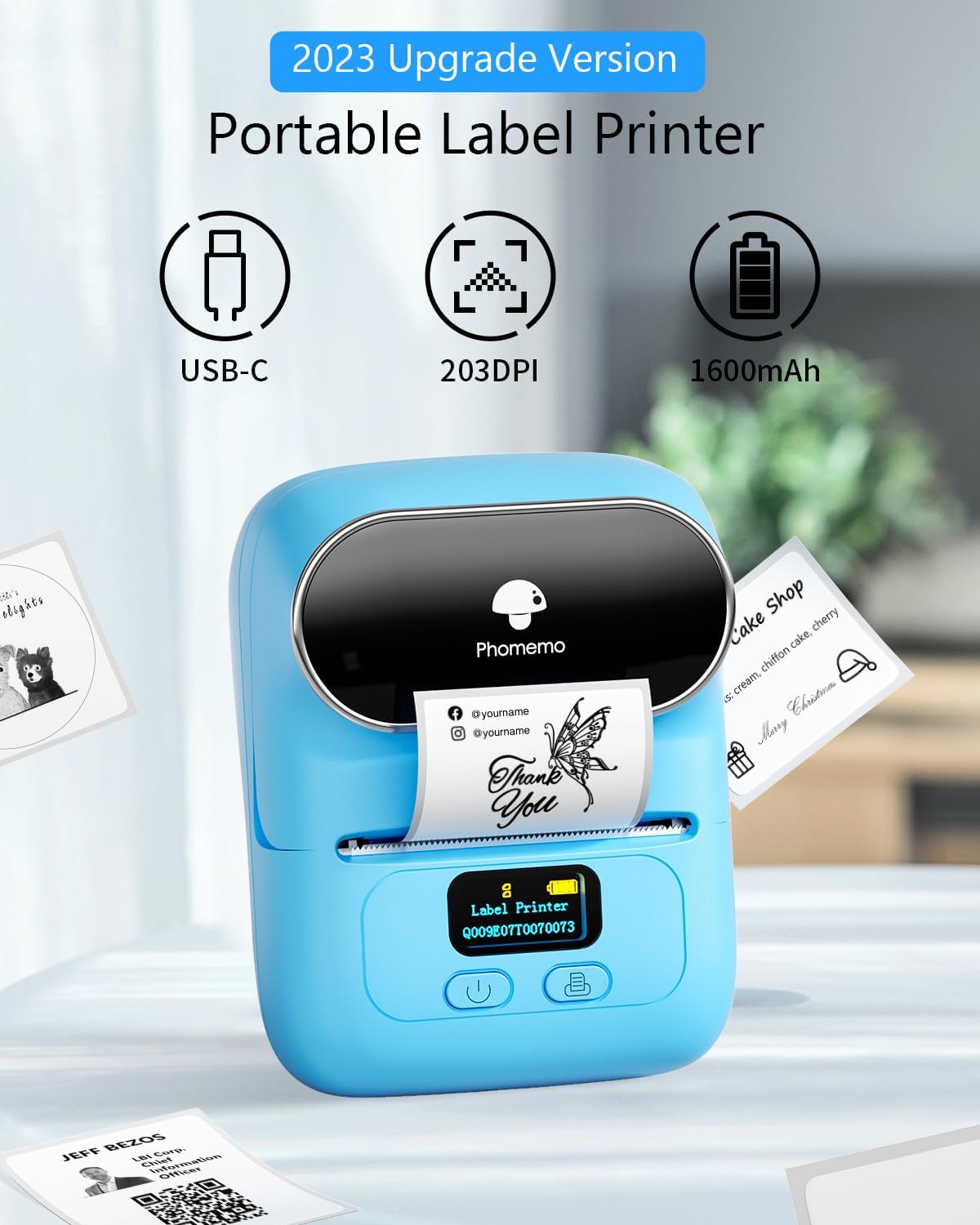 Phomemo M110 Portable Thermal Label Printer, Bluetooth Label Maker Machine for iOS & Android, Barcode Label Printer Machine for Small Business, Address, Office, with 1 Roll 40x30mm Label,Blue
