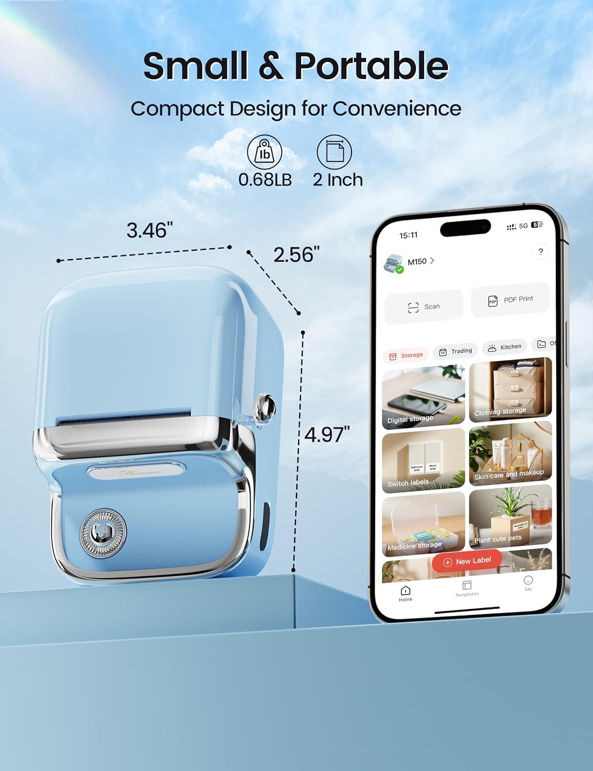 Phomemo M150 Label Maker, Upgraded Bluetooth Sticker Printer, 2 Inch Label Printer Compatible for Phone & PC, Thermal Printer for Small Business & Home Use, Barcode, Address,with 100 Labels