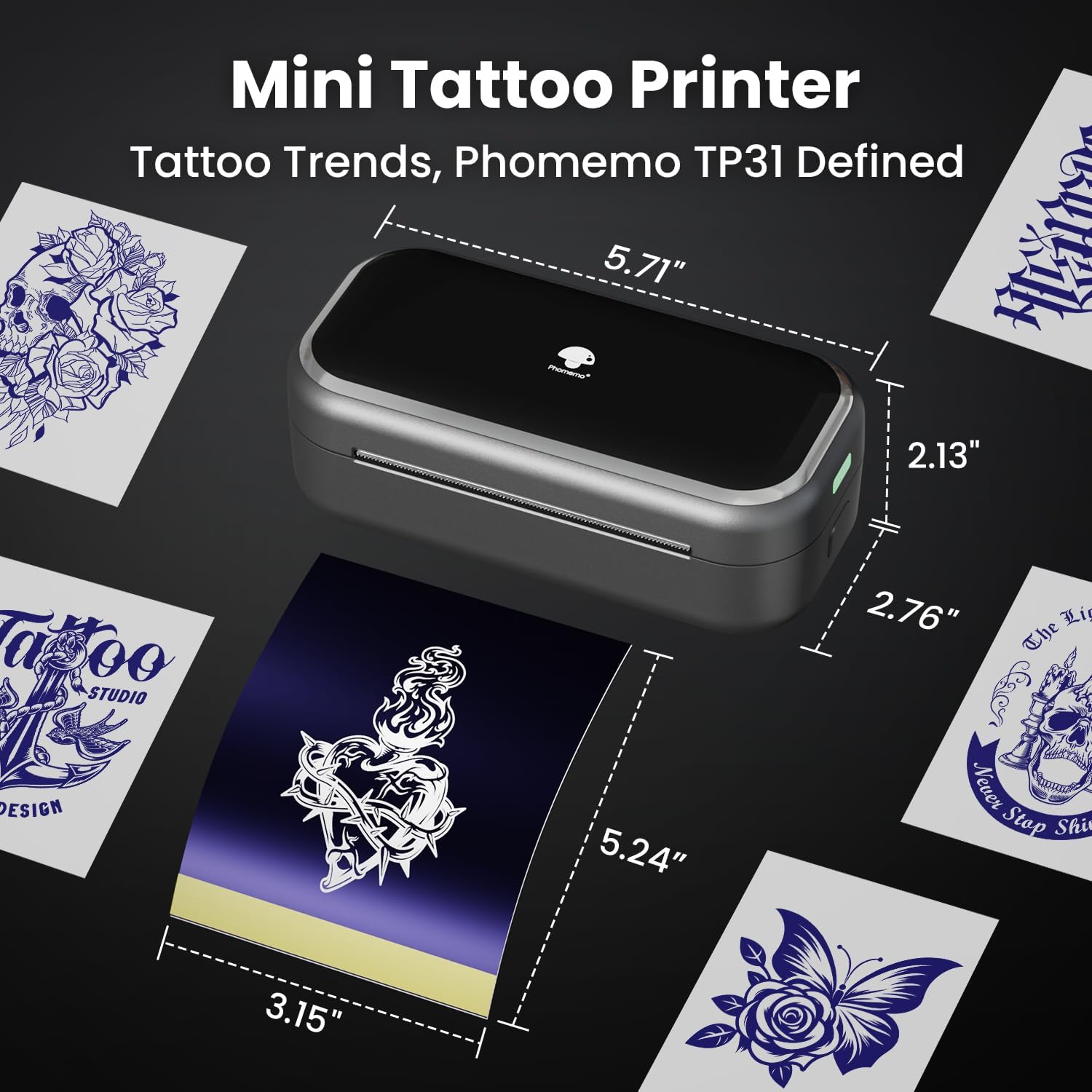 Phomemo TP31 Tattoo Stencil Printer, Mini Tattoo Printer with 30pcs Transfer Paper,Bluetooth Tattoo Machines Printers for Tattoo Beginners & Artists, Compatible with Tablet,Smartphone,Gray