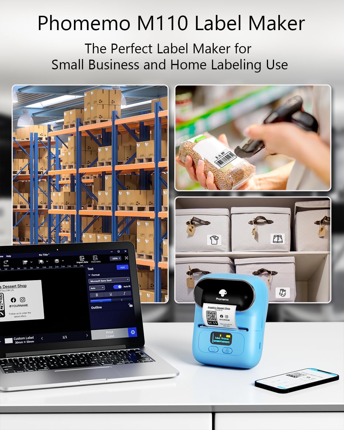 Phomemo M110 Portable Thermal Label Printer, Bluetooth Label Maker Machine for iOS & Android, Barcode Label Printer Machine for Small Business, Address, Office, with 1 Roll 40x30mm Label,Blue
