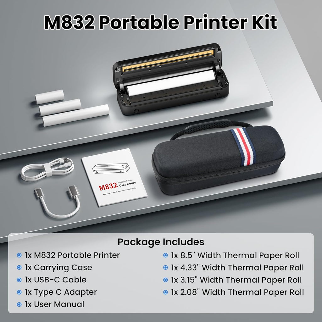 Phomemo Portable Thermal Printer, M832 Inkless Wireless Bluetooth Mobile Printer, Support 8.5" X 11" US Letter and A4 Size, Compatible with Phone Laptop for Business Office Home Use, 300dpi, with Case
