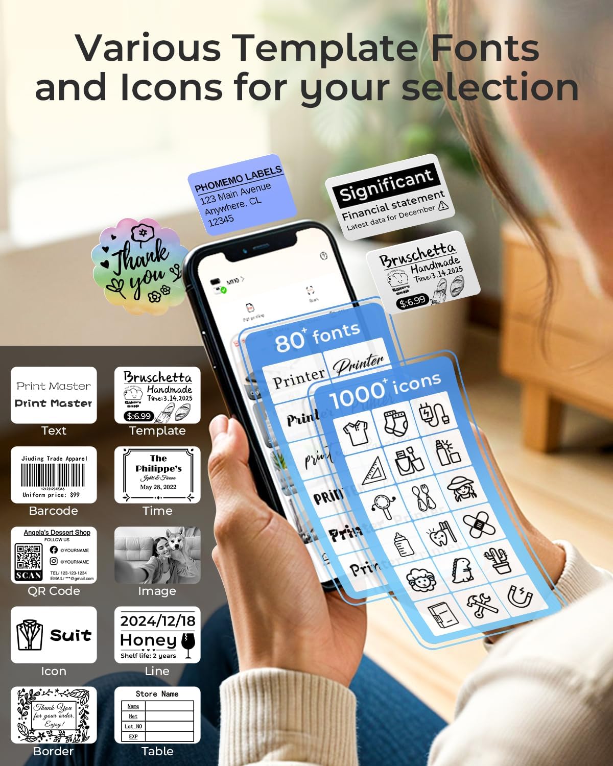 Phomemo-M110 Label Maker - Portable Bluetooth Mini Thermal Label Printer Apply to Clothing, Jewelry, Retail, Mailing, Barcode and More, Compatible for Android & iOS System, White