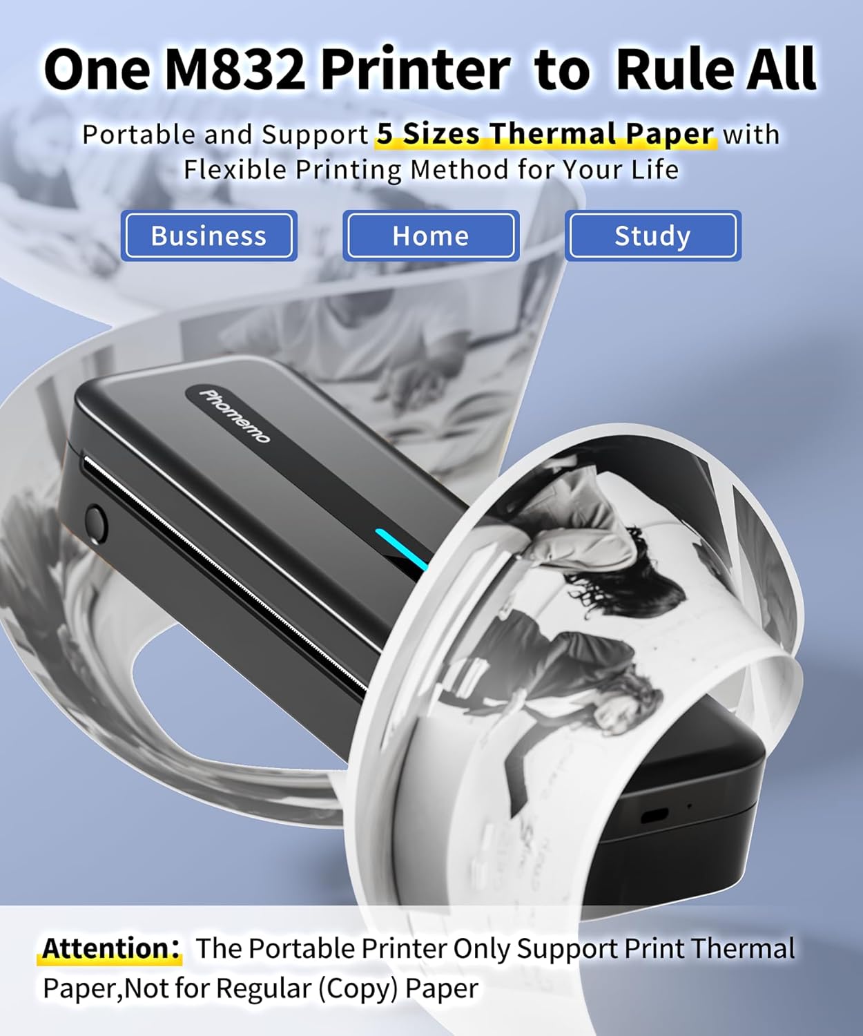 Phomemo M832 Portable Printer, Inkless Thermal Printer for Phone Laptop, Portable Printers Wireless for Travel, Support US Letter & A4 Thermal Paper, Small Bluetooth Mobile Printer for Office Car Home