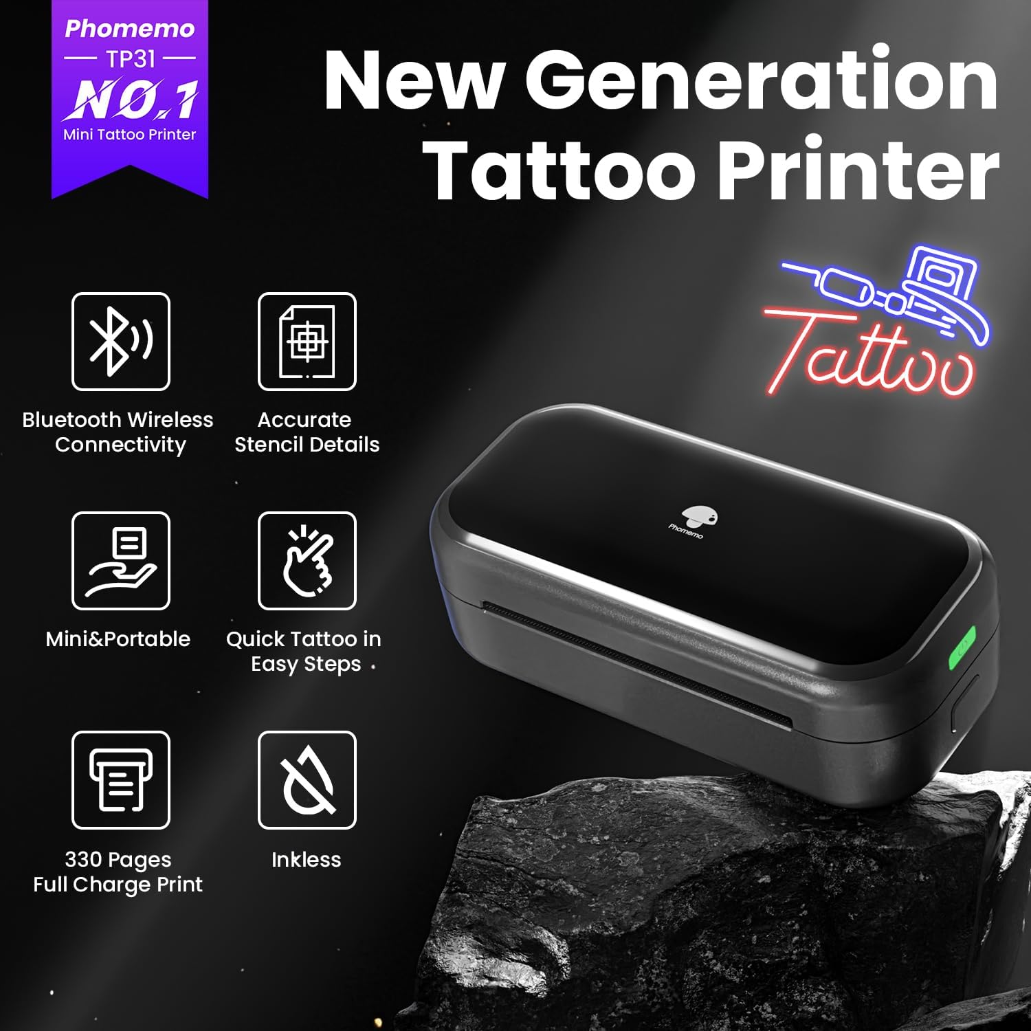 Phomemo TP31 Tattoo Stencil Printer, Mini Tattoo Printer with 30pcs Transfer Paper,Bluetooth Tattoo Machines Printers for Tattoo Beginners & Artists, Compatible with Tablet,Smartphone,Gray