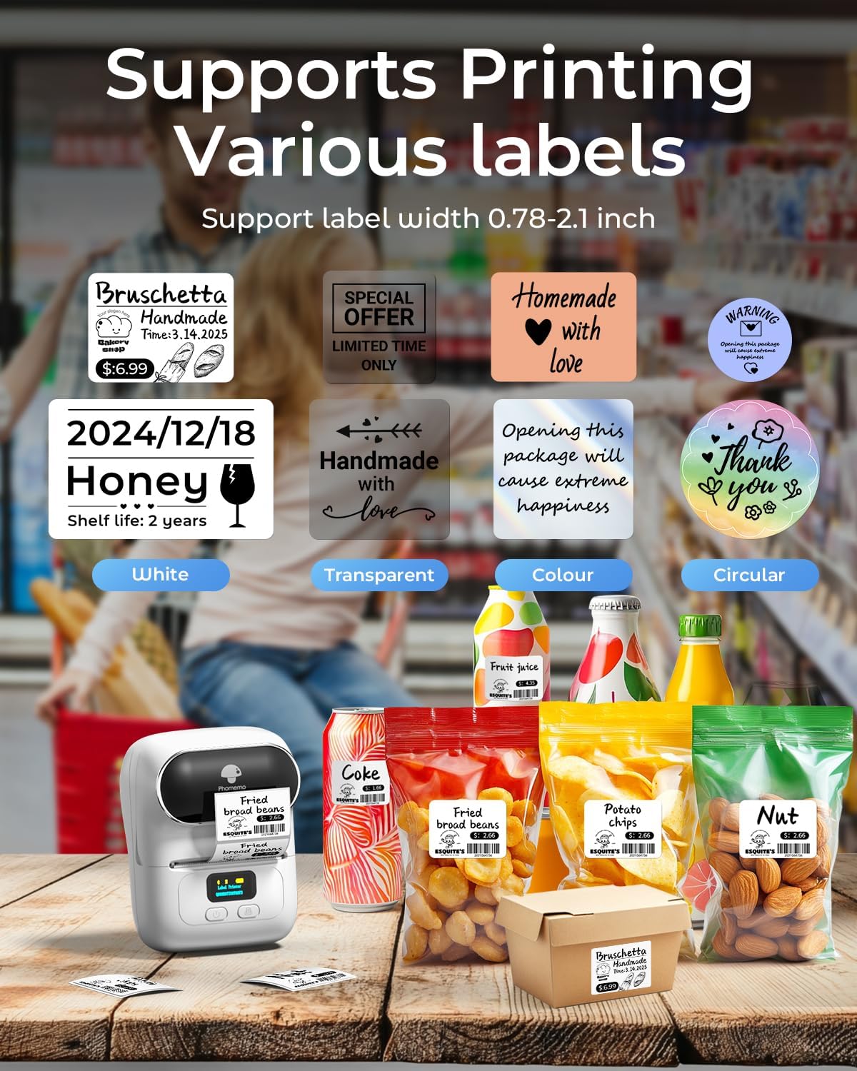 Phomemo-M110 Label Maker - Portable Bluetooth Mini Thermal Label Printer Apply to Clothing, Jewelry, Retail, Mailing, Barcode and More, Compatible for Android & iOS System, White