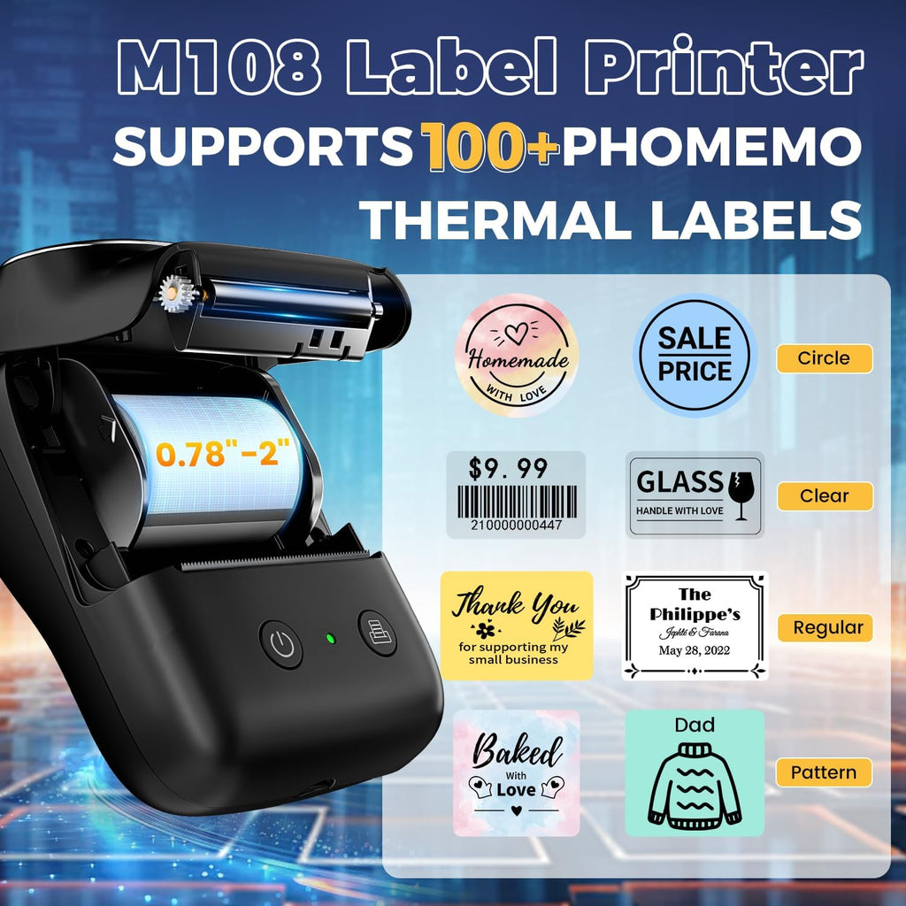 Phomemo Label Maker - M108 Bluetooth Address Label Makers for Small Business, Home, Office, 2 Inch Barcode Label Printer with 300+ Templates, Sticker Printer for Address/Logo/Clothing Label, Black