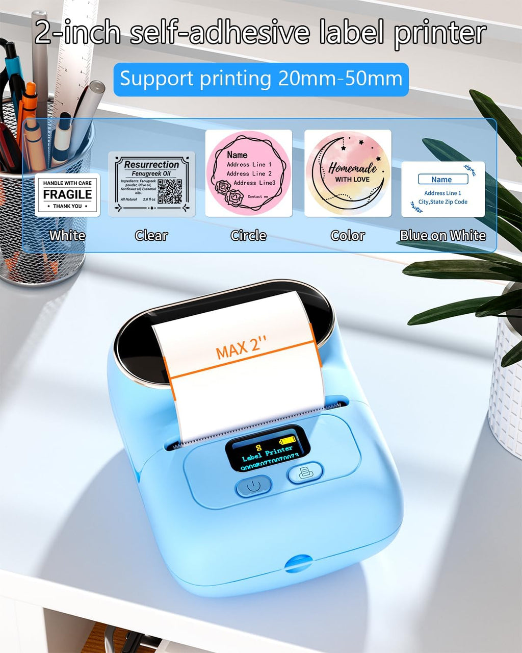 Phomemo M110 Portable Thermal Label Printer, Bluetooth Label Maker Machine for iOS & Android, Barcode Label Printer Machine for Small Business, Address, Office, with 1 Roll 40x30mm Label,Blue