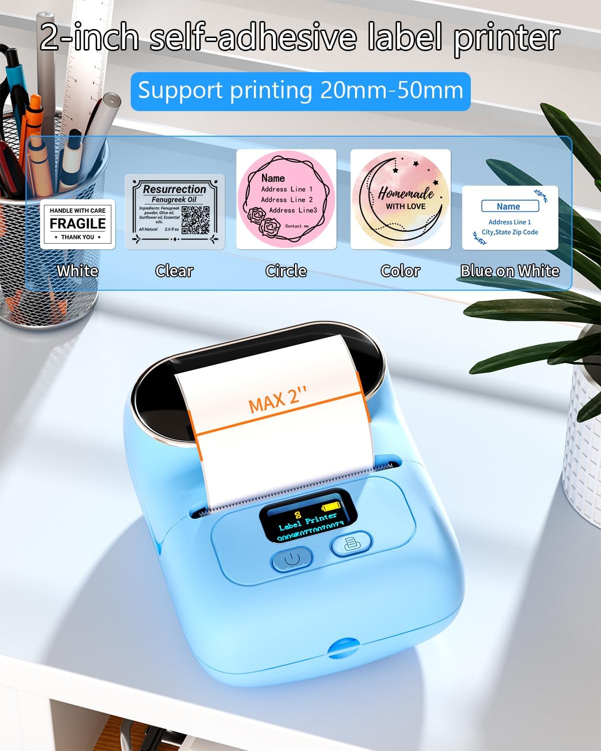 Phomemo M110 Portable Thermal Label Printer, Bluetooth Label Maker Machine for iOS & Android, Barcode Label Printer Machine for Small Business, Address, Office, with 1 Roll 40x30mm Label,Blue