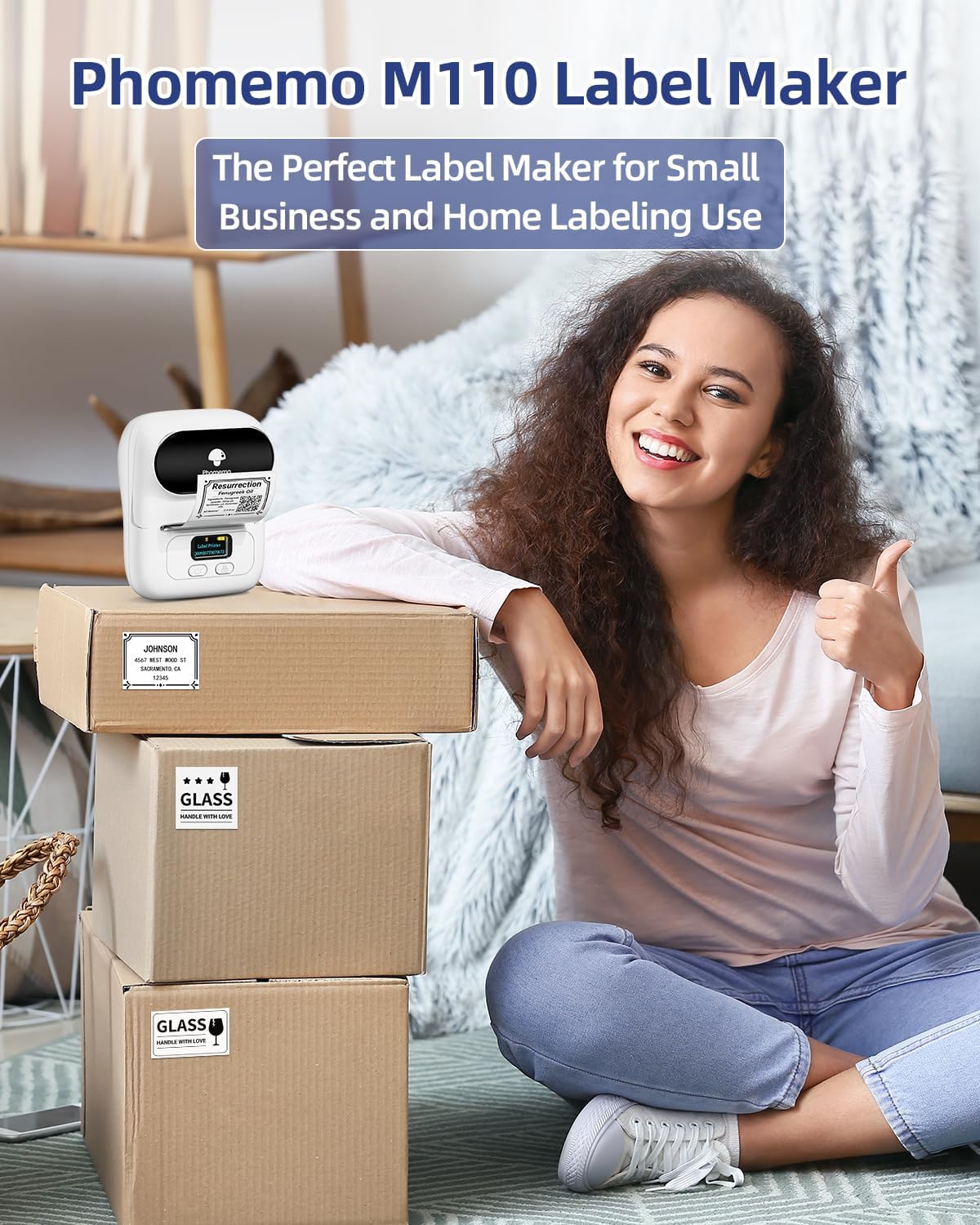 Phomemo-M110 Label Maker - Portable Bluetooth Mini Thermal Label Printer Apply to Clothing, Jewelry, Retail, Mailing, Barcode and More, Compatible for Android & iOS System, White