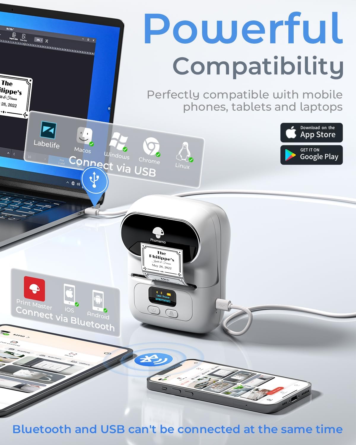 Phomemo-M110 Label Maker - Portable Bluetooth Mini Thermal Label Printer Apply to Clothing, Jewelry, Retail, Mailing, Barcode and More, Compatible for Android & iOS System, White