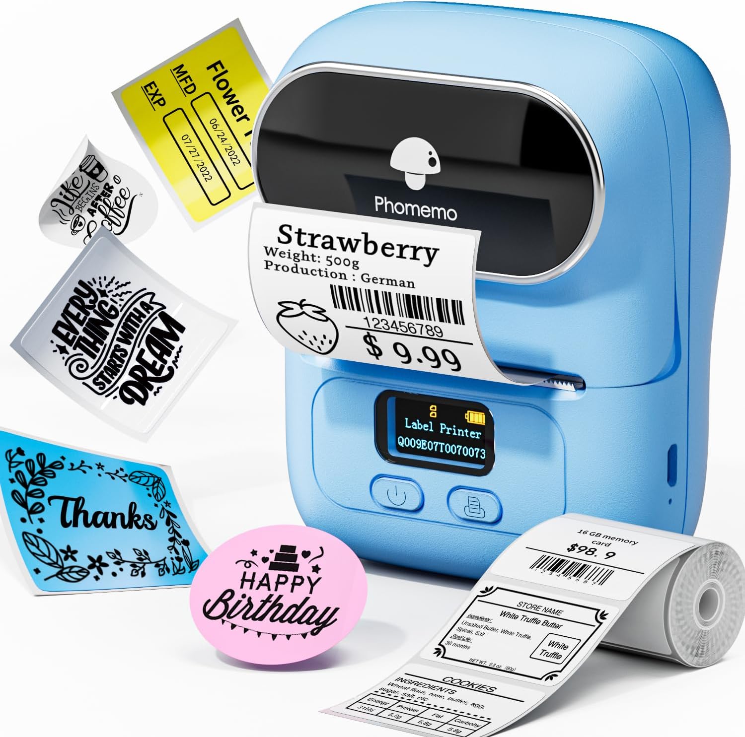 Phomemo M110 Portable Thermal Label Printer, Bluetooth Label Maker Machine for iOS & Android, Barcode Label Printer Machine for Small Business, Address, Office, with 1 Roll 40x30mm Label,Blue