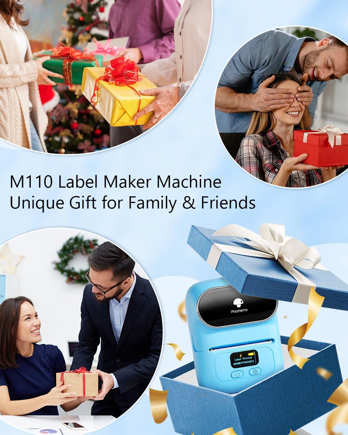 Phomemo M110 Portable Thermal Label Printer, Bluetooth Label Maker Machine for iOS & Android, Barcode Label Printer Machine for Small Business, Address, Office, with 1 Roll 40x30mm Label,Blue