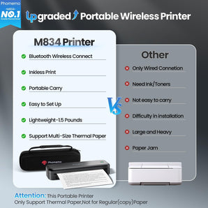 Phomemo M834 Portable Printer Kit, Bluetooth Thermal Printer Supports 8.5" x 11" US Letter Size, Inkless Wireless Printer for Phone & PC, for Business/Office/Home, 4 Roll Paper +Case
