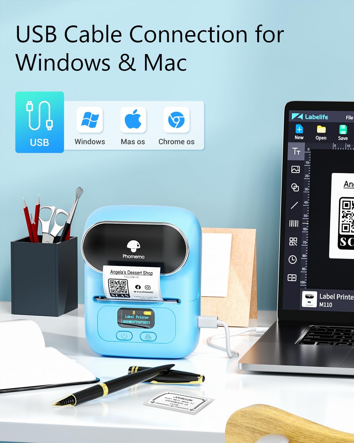 Phomemo M110 Portable Thermal Label Printer, Bluetooth Label Maker Machine for iOS & Android, Barcode Label Printer Machine for Small Business, Address, Office, with 1 Roll 40x30mm Label,Blue