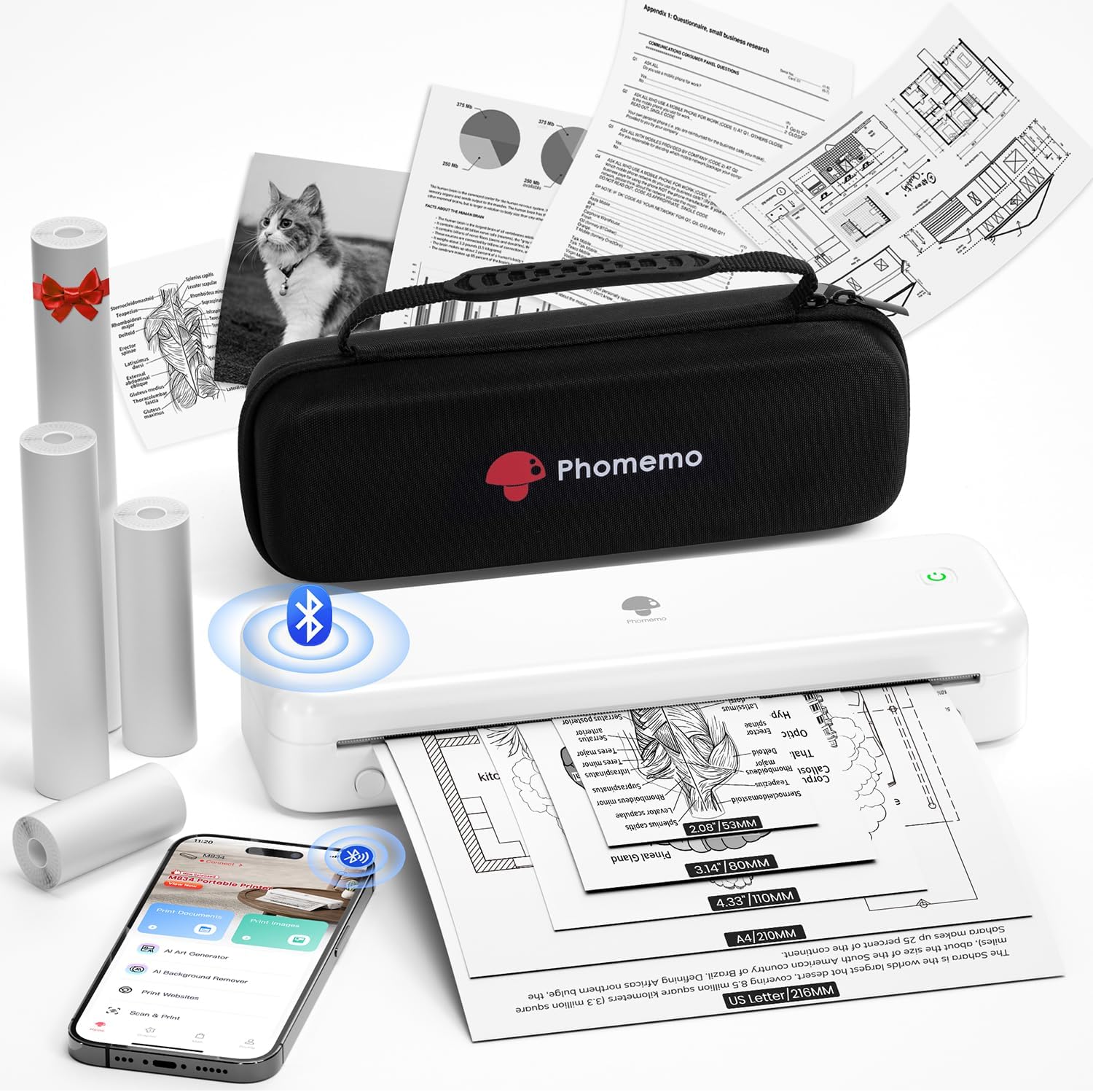 Phomemo M834 Portable Printer Kit, Bluetooth Thermal Printer Supports 8.5" x 11" US Letter Size, Inkless Wireless Printer for Phone & PC, for Business/Office/Home, 4 Roll Paper +Case