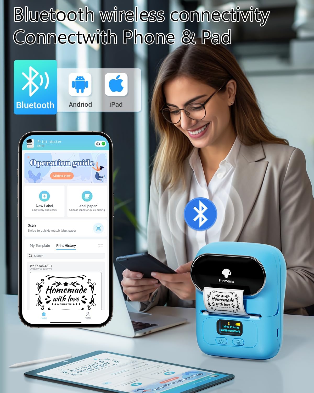 Phomemo M110 Portable Thermal Label Printer, Bluetooth Label Maker Machine for iOS & Android, Barcode Label Printer Machine for Small Business, Address, Office, with 1 Roll 40x30mm Label,Blue