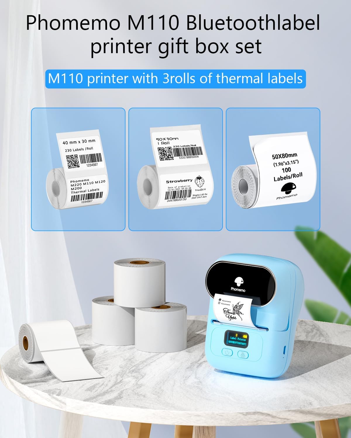 Phomemo M110 Portable Thermal Label Printer, Bluetooth Label Maker Machine for iOS & Android, Barcode Label Printer Machine for Small Business, Address, Office, with 1 Roll 40x30mm Label,Blue