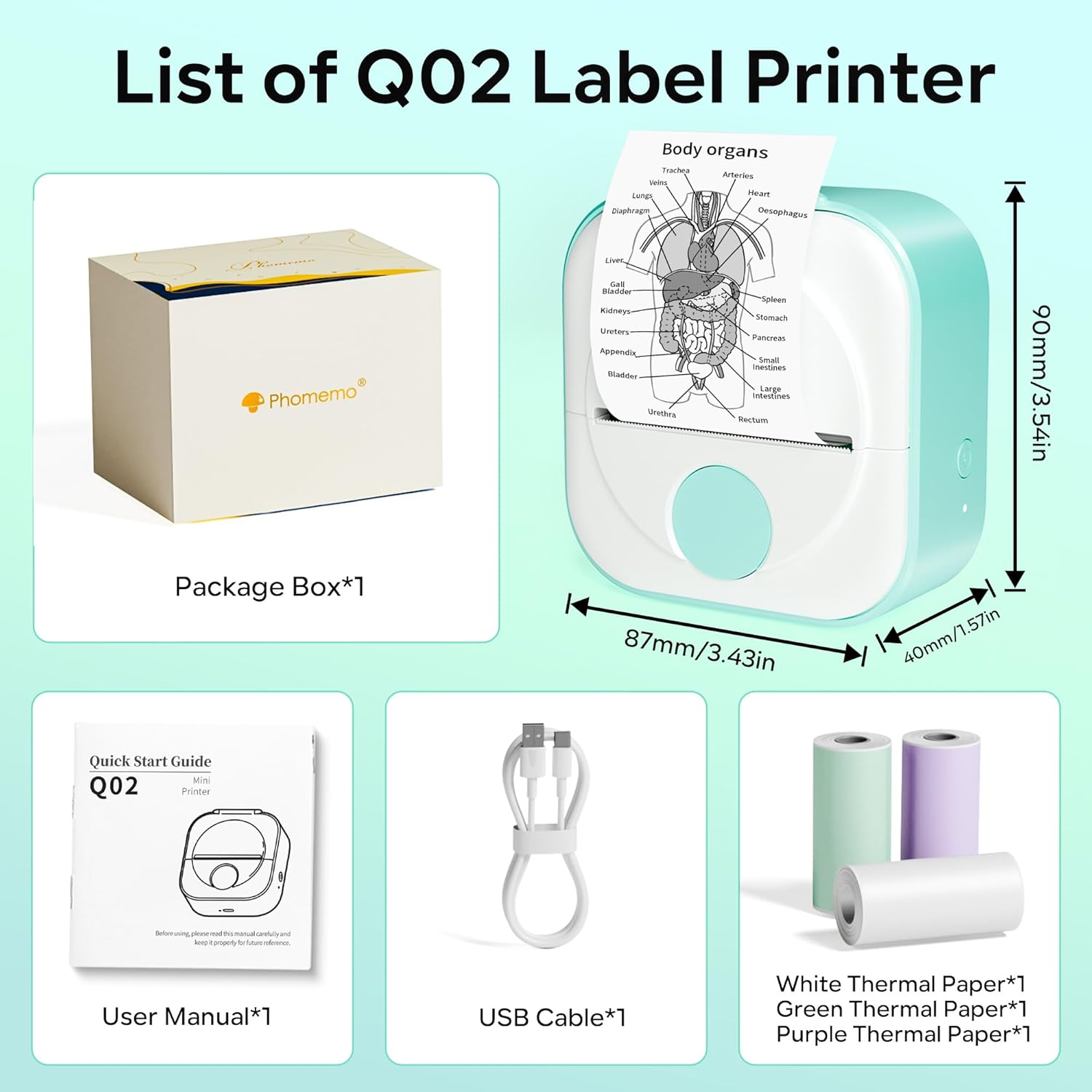 Phomemo Q02 Mini Sticker Printer, Print Pod for Bullet Journal, Study Notes, Kids Gift, DIY, Bluetooth Thermal Printer Compatible with Phone & Tablet