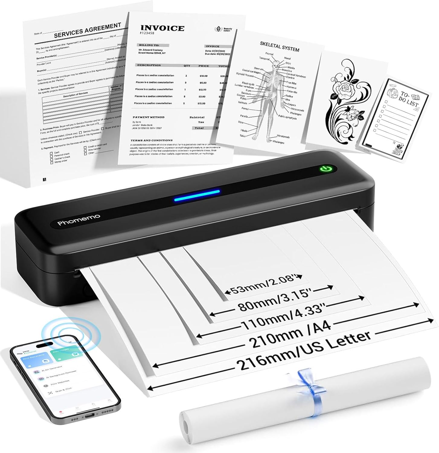 Phomemo M832 Portable Printer, Inkless Thermal Printer for Phone Laptop, Portable Printers Wireless for Travel, Support US Letter & A4 Thermal Paper, Small Bluetooth Mobile Printer for Office Car Home