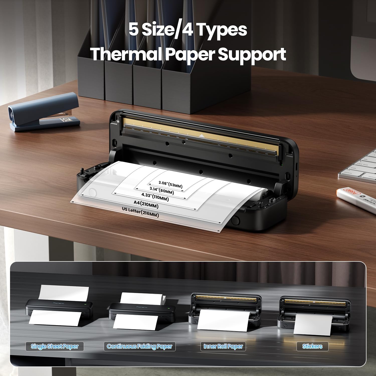 Phomemo M834 Portable Printer Kit, Bluetooth Thermal Printer Supports 8.5" x 11" US Letter Size, Inkless Wireless Printer for Phone & PC, for Business/Office/Home, 4 Roll Paper +Case