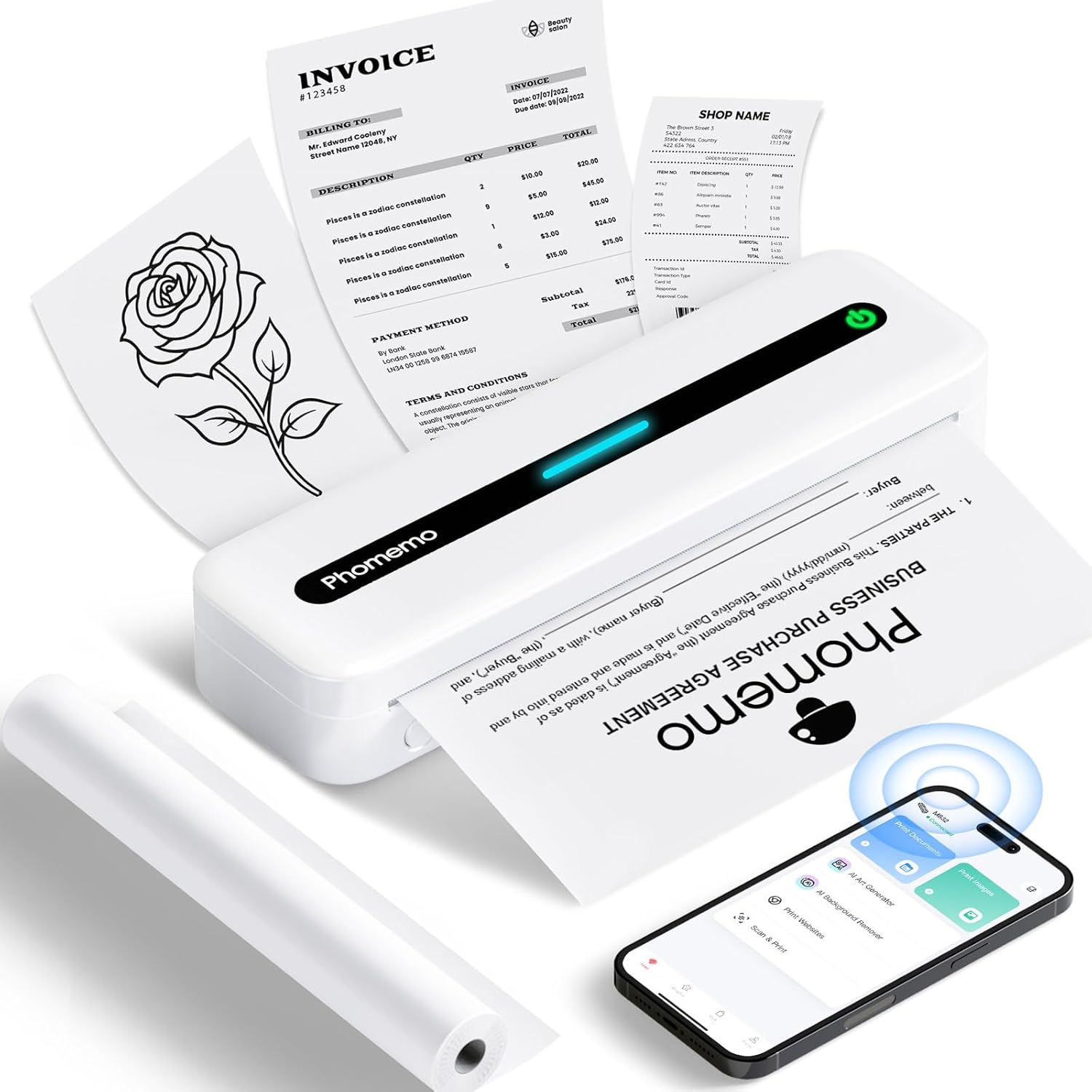 Phomemo M832 Portable Printer, Inkless Thermal Printer for Phone Laptop, Portable Printers Wireless for Travel, Support US Letter & A4 Thermal Paper, Small Bluetooth Mobile Printer for Office Car Home