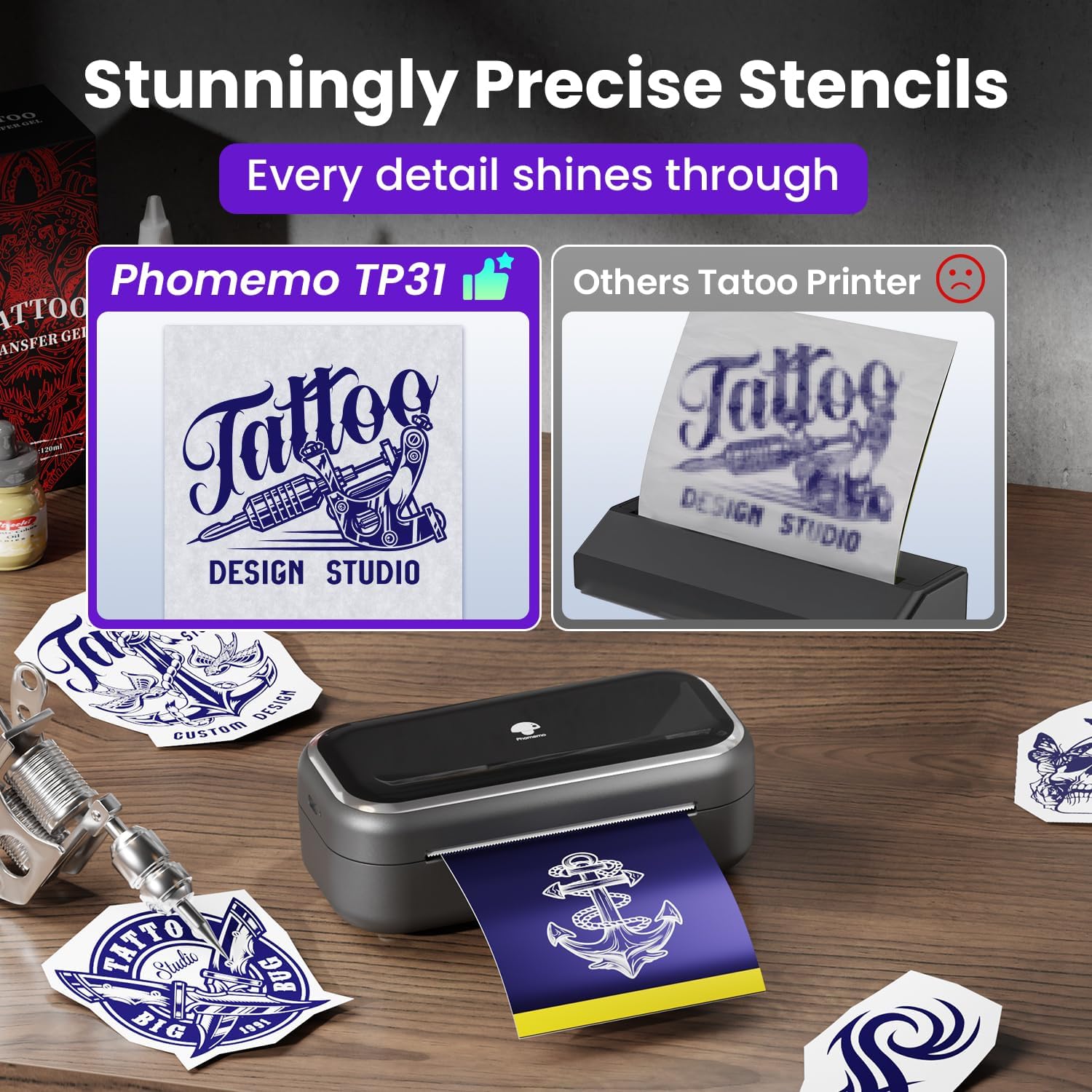Phomemo TP31 Tattoo Stencil Printer, Mini Tattoo Printer with 30pcs Transfer Paper,Bluetooth Tattoo Machines Printers for Tattoo Beginners & Artists, Compatible with Tablet,Smartphone,Gray