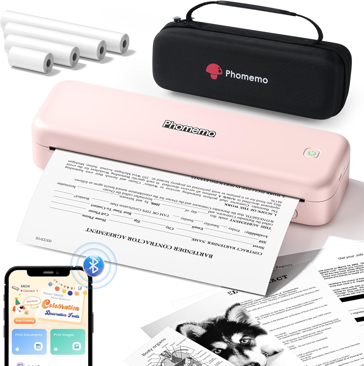 Phomemo M834 Portable Printer Kit, Bluetooth Thermal Printer Supports 8.5" x 11" US Letter Size, Inkless Wireless Printer for Phone & PC, for Business/Office/Home, 4 Roll Paper +Case