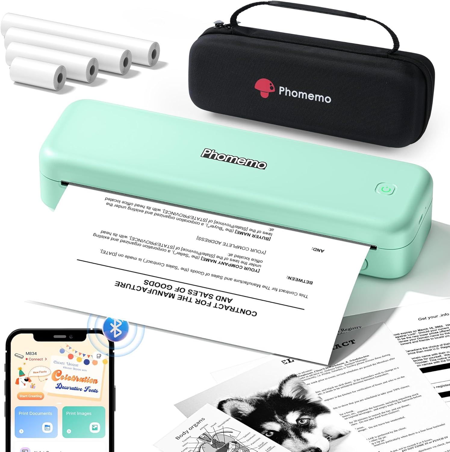 Phomemo M834 Portable Printer Kit, Bluetooth Thermal Printer Supports 8.5" x 11" US Letter Size, Inkless Wireless Printer for Phone & PC, for Business/Office/Home, 4 Roll Paper +Case