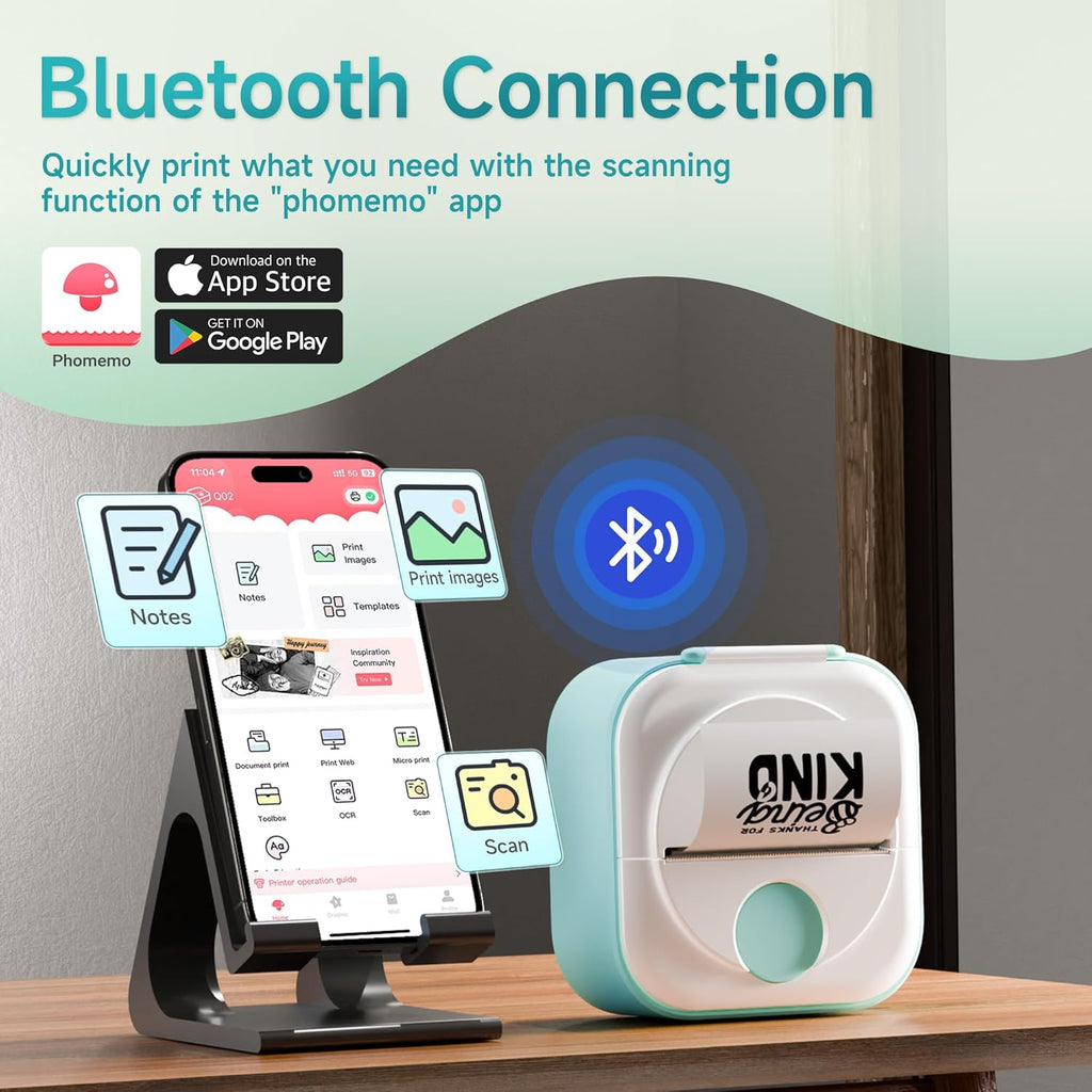 Phomemo Q02 Mini Sticker Printer, Print Pod for Bullet Journal, Study Notes, Kids Gift, DIY, Bluetooth Thermal Printer Compatible with Phone & Tablet