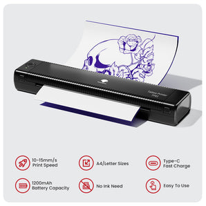 TP81 tattoo printer printing cartoon stencil with icons showing print speed, Type-C charging & no ink needed