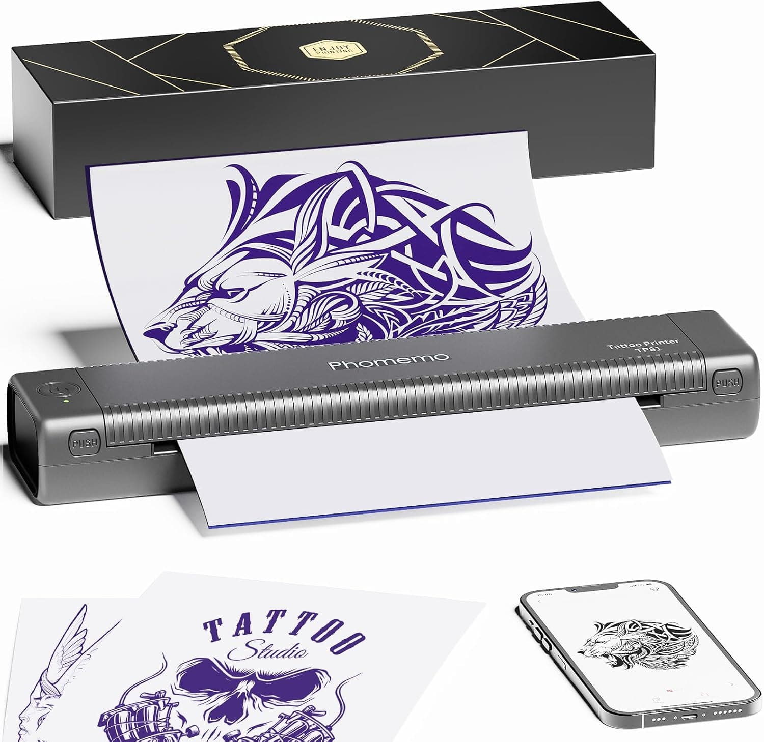 Black Phomemo TP81 printer printing wolf tattoo stencil with mobile preview & paper beside