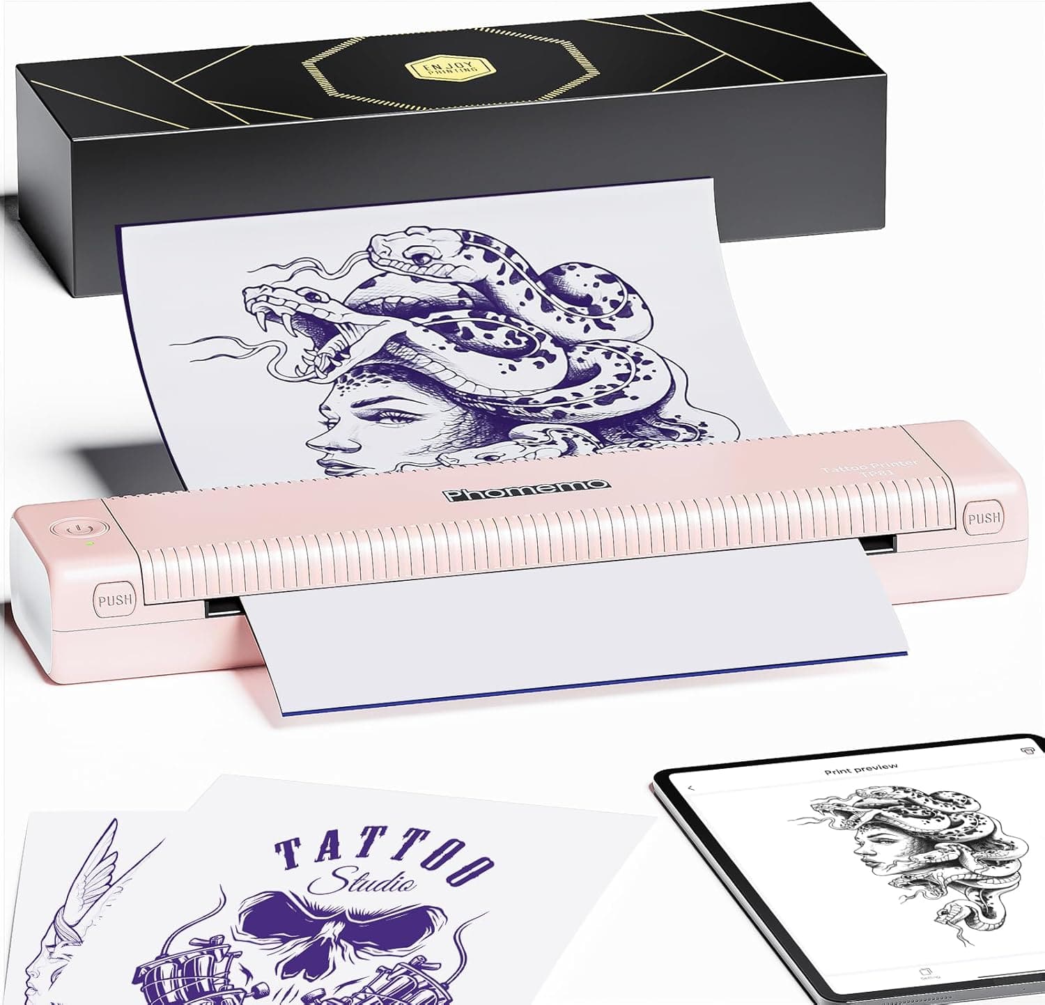 Pink Phomemo TP81 printer printing snake & woman tattoo stencil with box & tablet beside