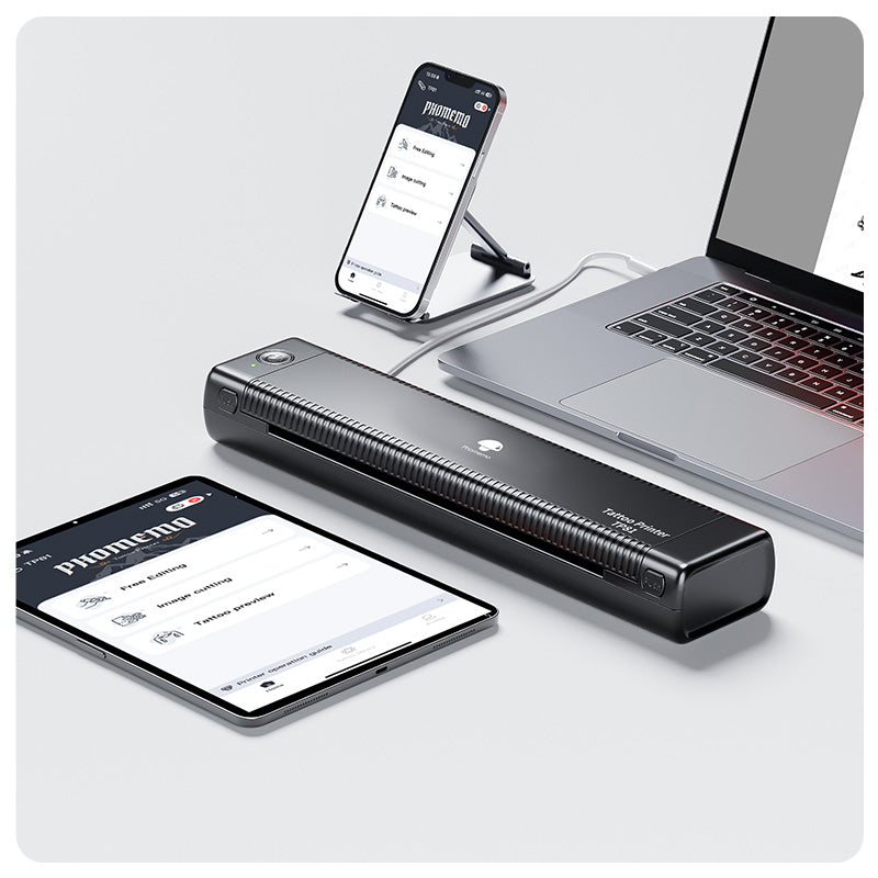 TP81 tattoo printer connected to phone, tablet & laptop via app & cable