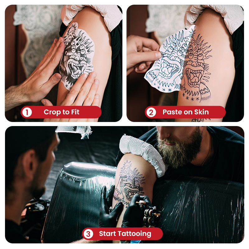 Tattoo transfer steps showing crop to fit, paste on skin & start tattooing on arm